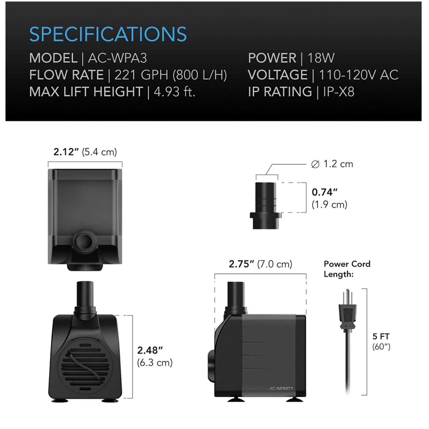 AC Infinity Submersible Water Pump 221 GPH