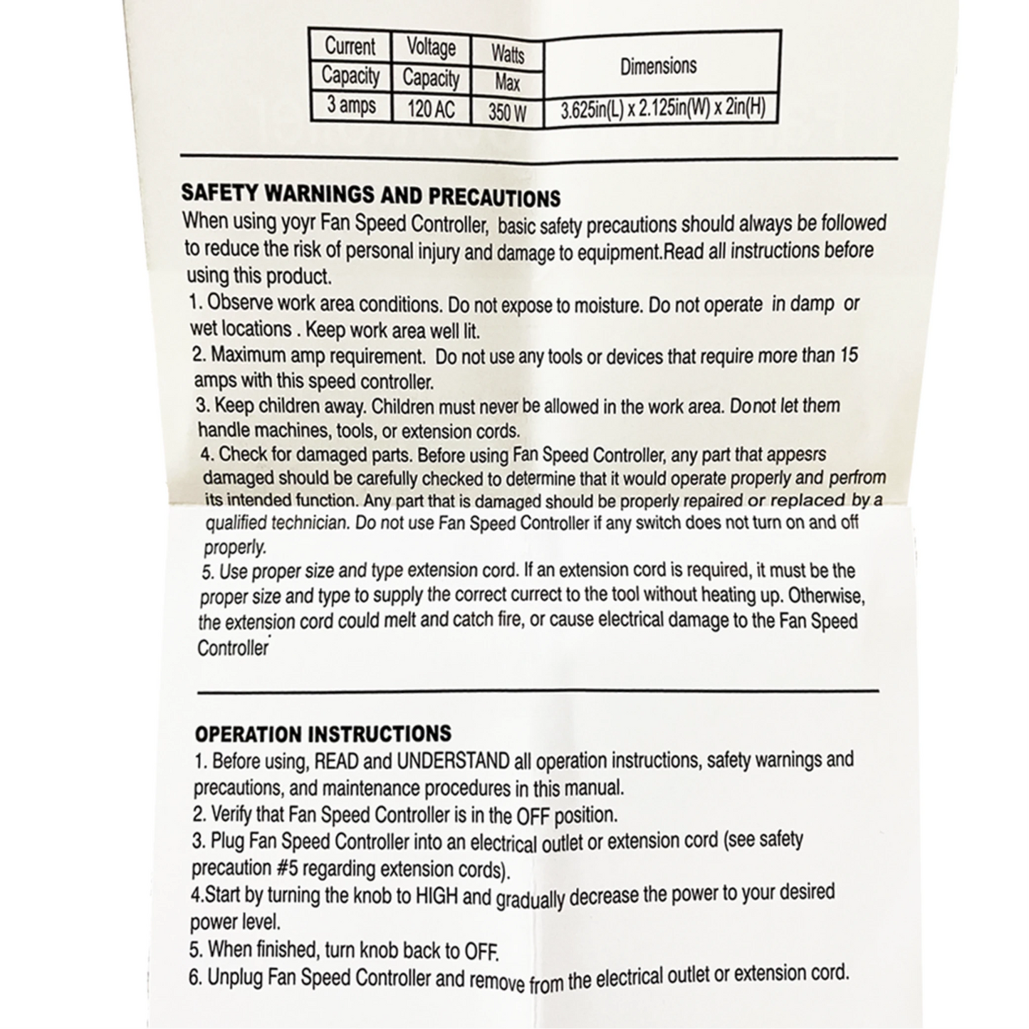 Common Culture Fan Speed Controller instructions