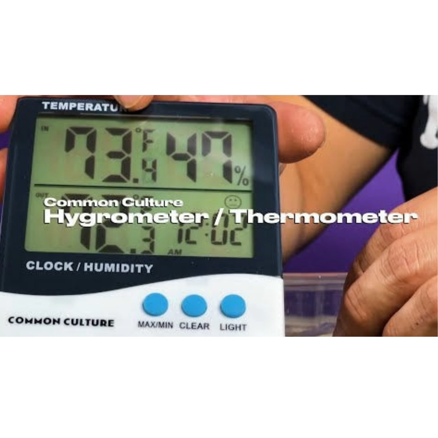 Common Culture Large Display Thermometer & Hygrometer package in action
