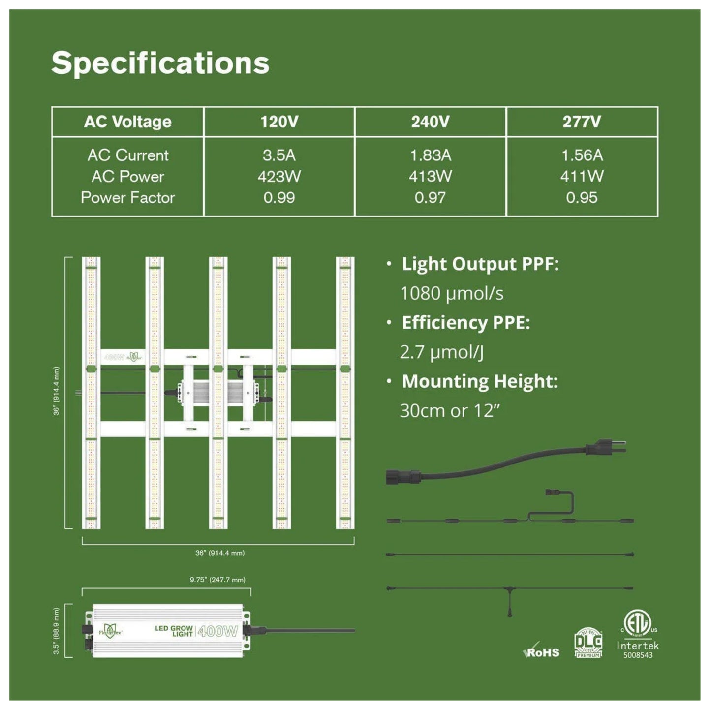 FloraFlex 400W Full Spectrum LED Grow Light specifications