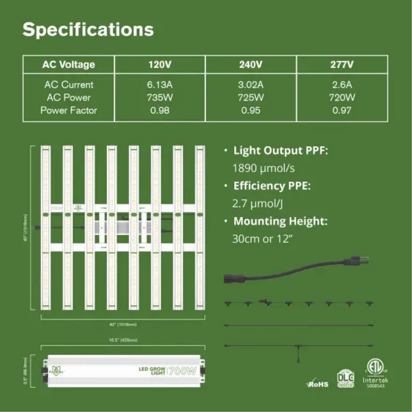 FloraFlex DLC 700W Full Spectrum LED Grow Light specifications