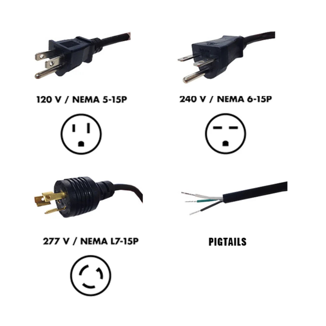 Fluence RAY22 plug options: 120V NEMA 5-15P, 240V NEMA 6-15P, 277V NEMA L7-15P, pigtails