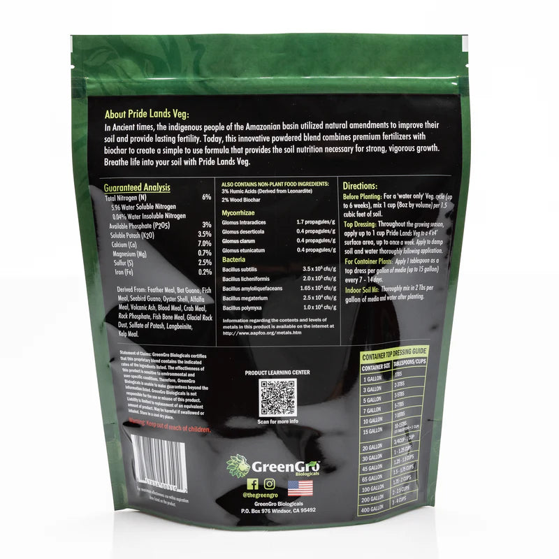 GreenGro PRIDE LANDS VEG Back Label