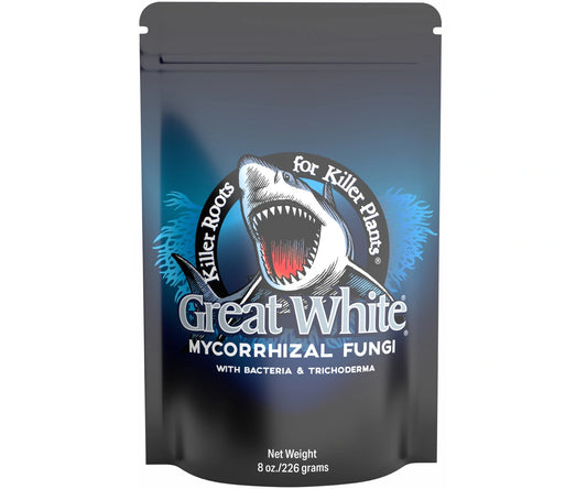 Black packaging of Great White mycorrhizal fungi with shark graphic on a white background