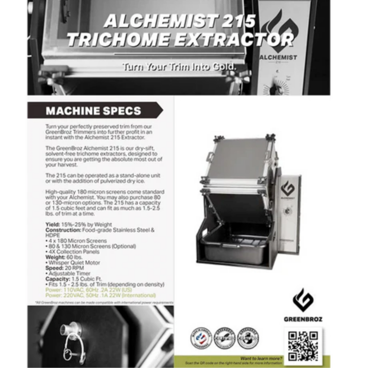 GreenBroz Alchemist 215 Trichome Extractor top tumbler specs