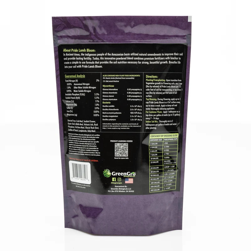 GreenGro PRIDE LANDS BLOOM Back Label