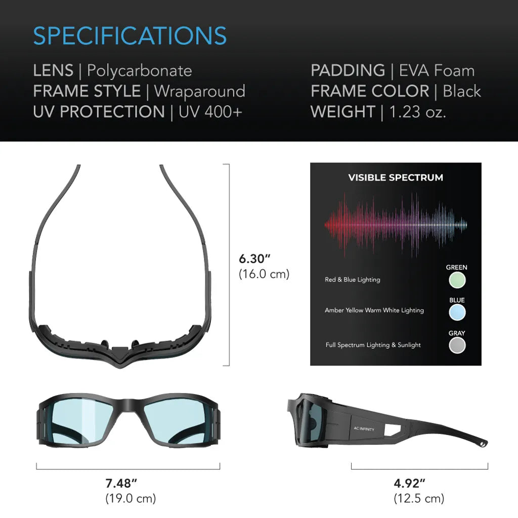Grow Room Glasses, With 3 Color Corrective Lenses Specifications