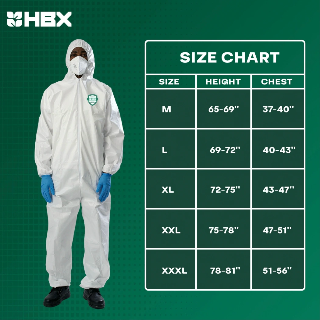 Hydrobuilder HBX Disposable Coverall size chart