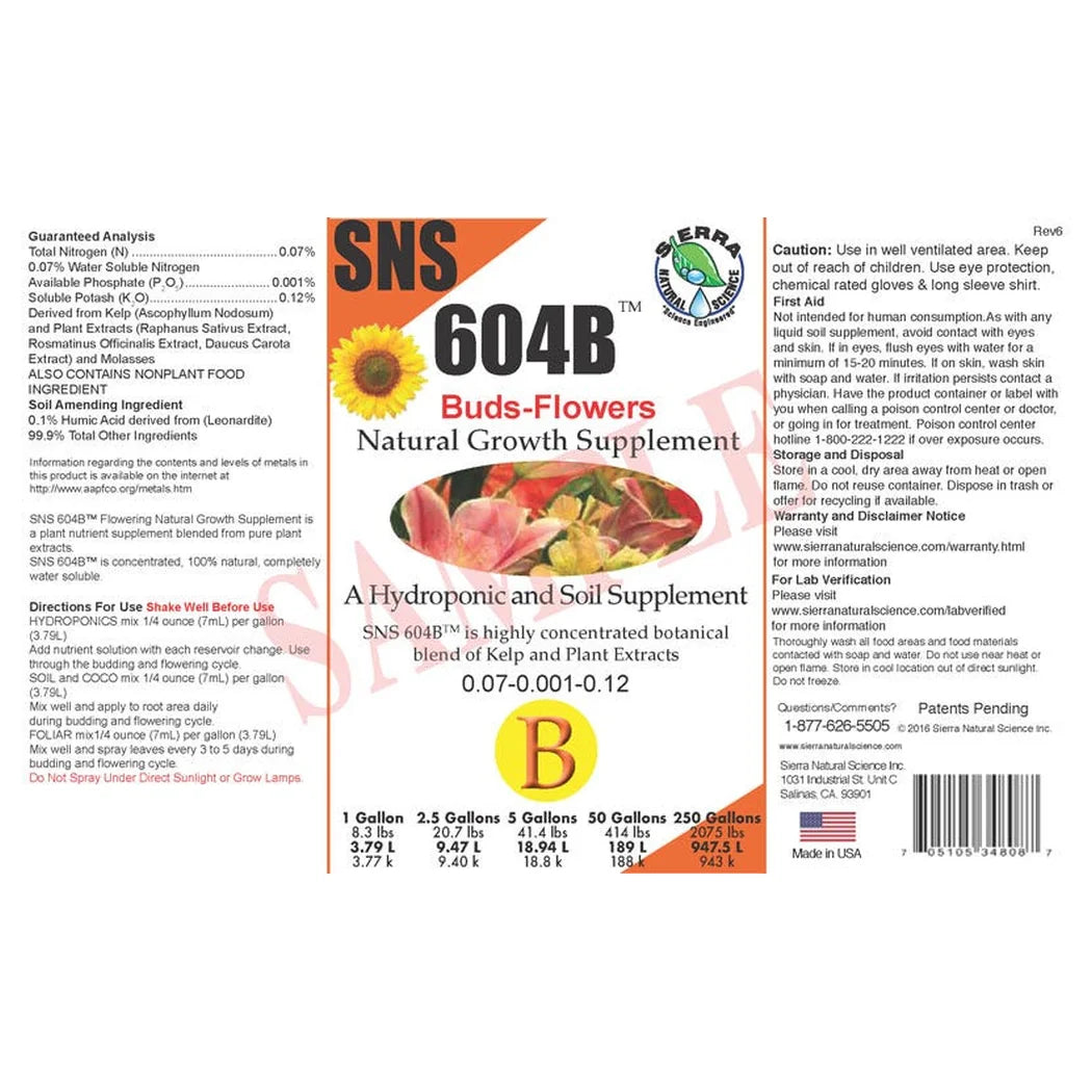 SNS 604B Flowering Growth Supplement label