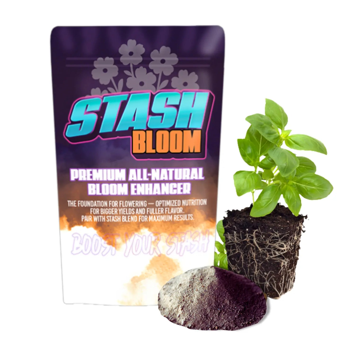 Stash Bloom packaging with a plant and soil on a white background
