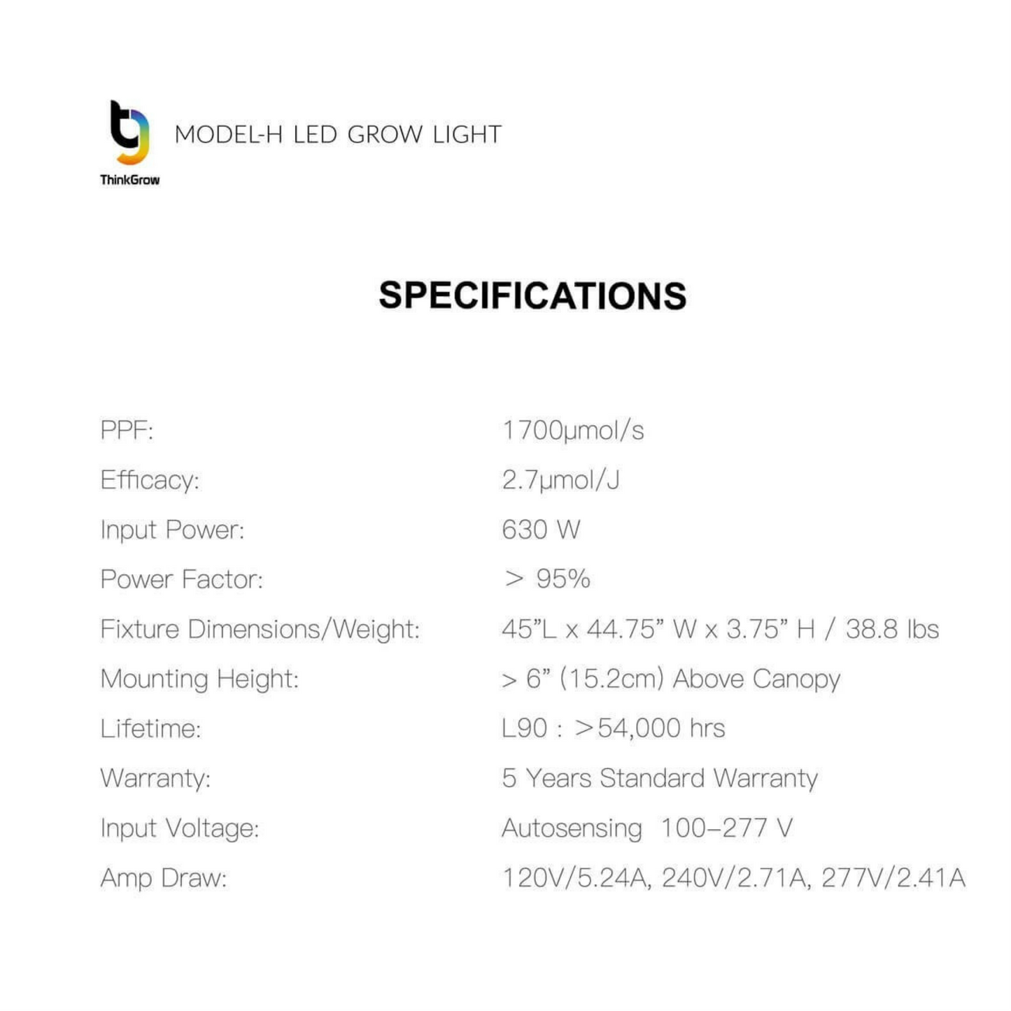 ThinkGrow Model-H 630W Specifications