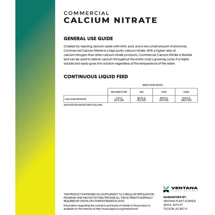 Ventana Plant Science - Calcium Nitrate (17-0-0) 23.5% Ca Grains Back Label