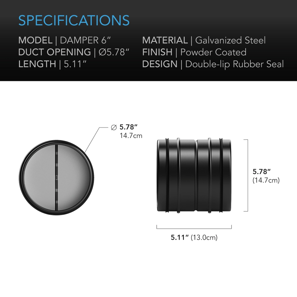 Ac Infinity Backdraft Damper Ducting Insert Black Galvanized Steel 6" Specifications