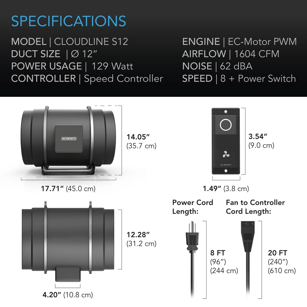 AC Infinity CLOUDLINE S12 - 12" Duct Fan /w Inline Speed Control Specifications