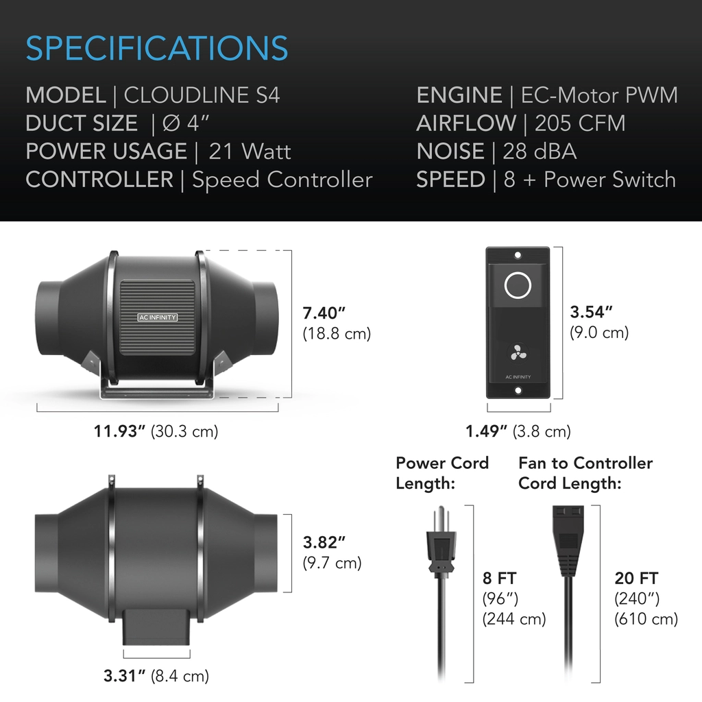AC Infinity CLOUDLINE S4 4" Duct Fan with Inline Speed Control Specifications