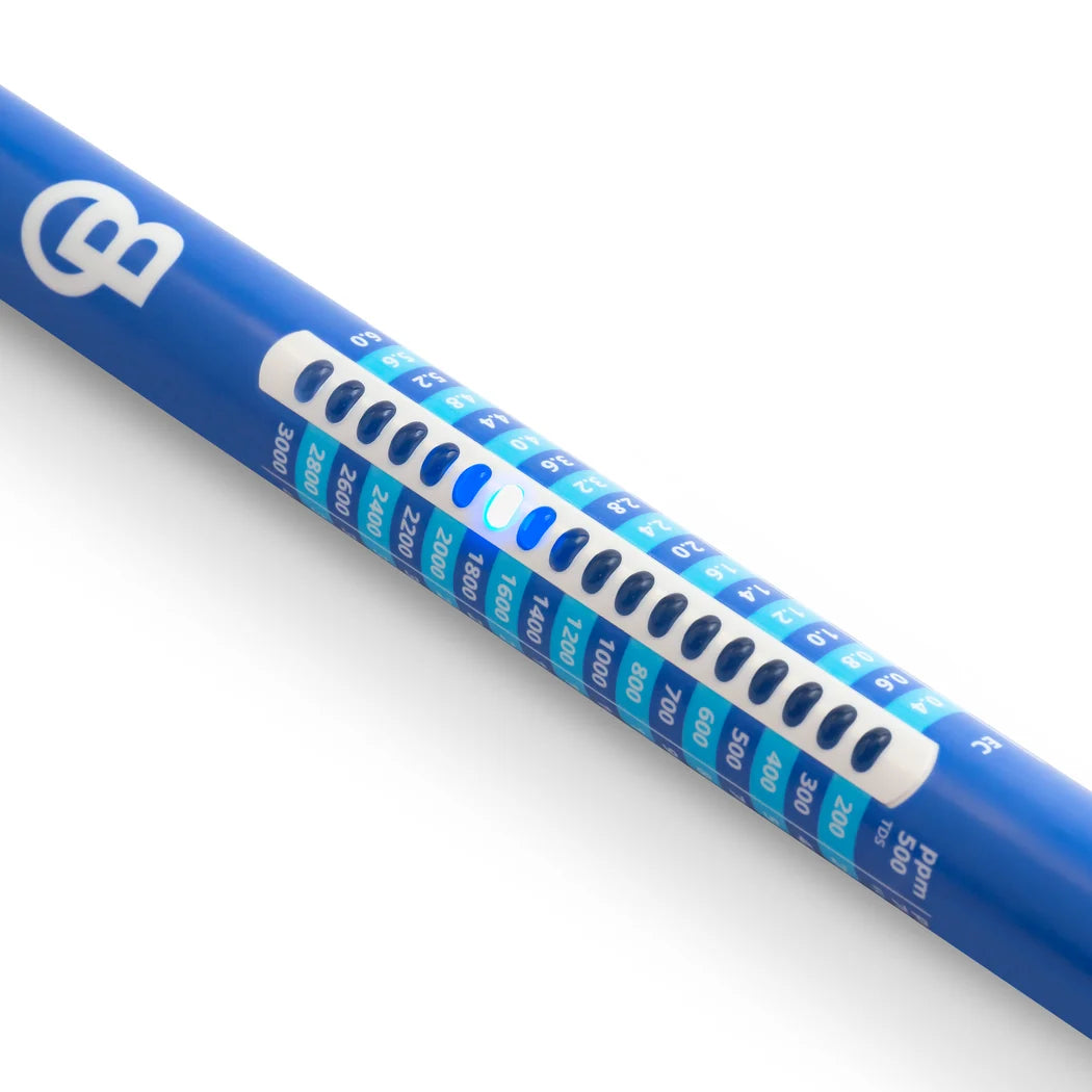 Close-up of the Bluelab Commercial Truncheon LED scale showing conductivity readings