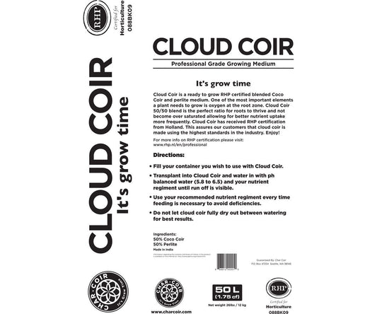 Char Coir Cloud Coir - Professional Grade 50/50 Coco Coir/Perlite Growing Medium 1.75 Cu. Ft. (80/Pallet) Back Label
