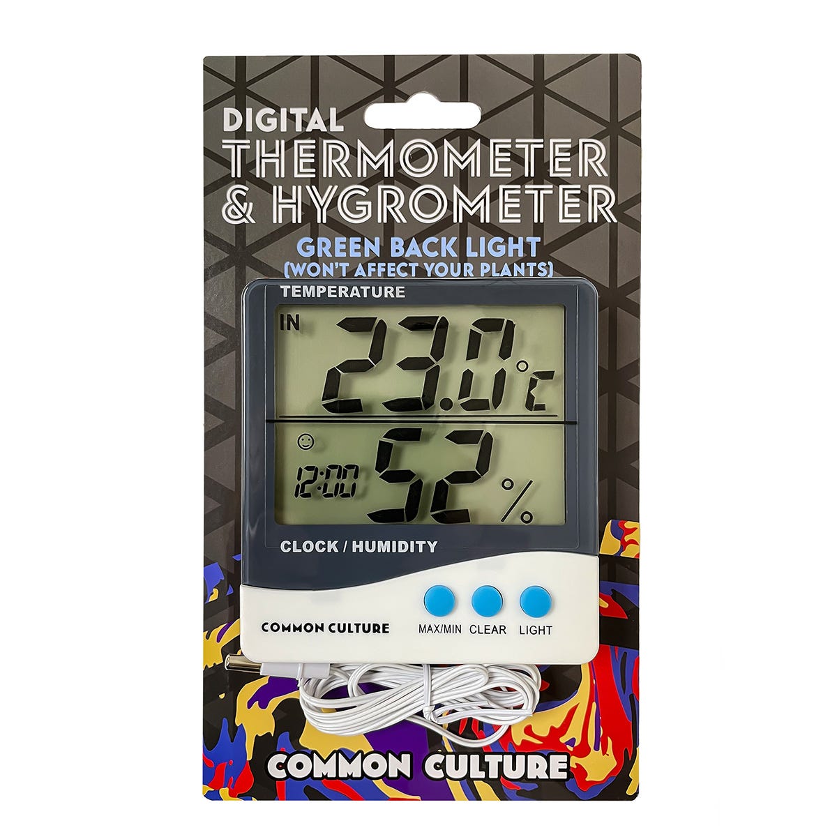 Common Culture Large Display Thermometer & Hygrometer with Inside & Outside Function + Memory - Packaging