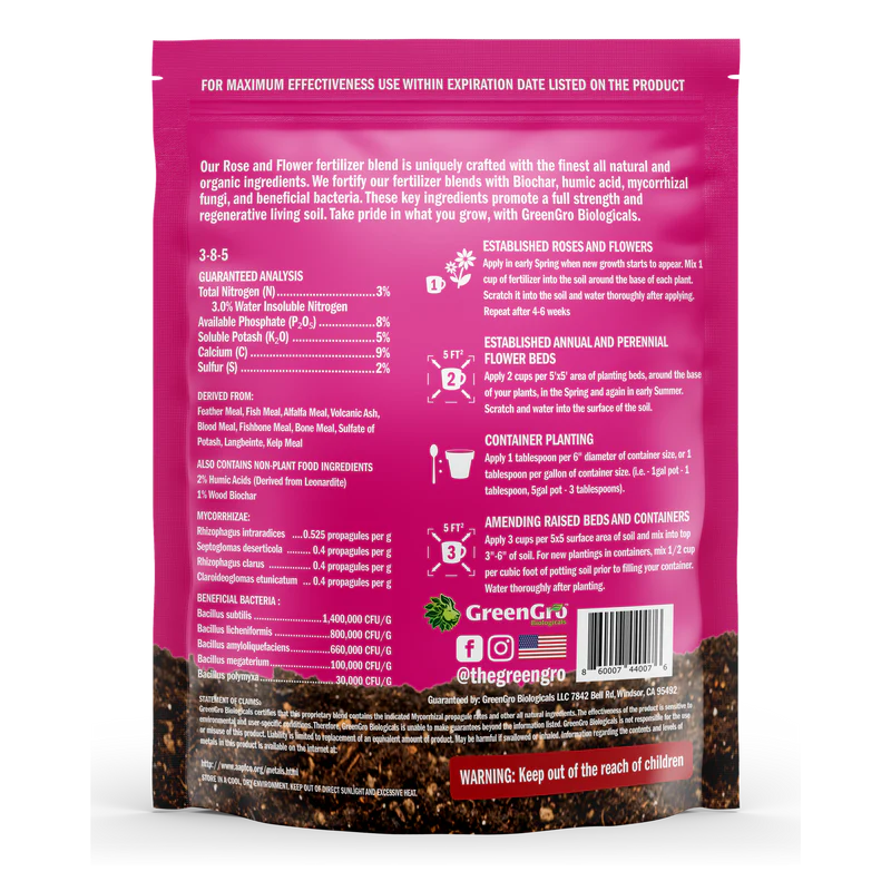 GreenGro Biologicals Rose & Flower Fertilizer 10 Lb Case (4/CS) Back Label