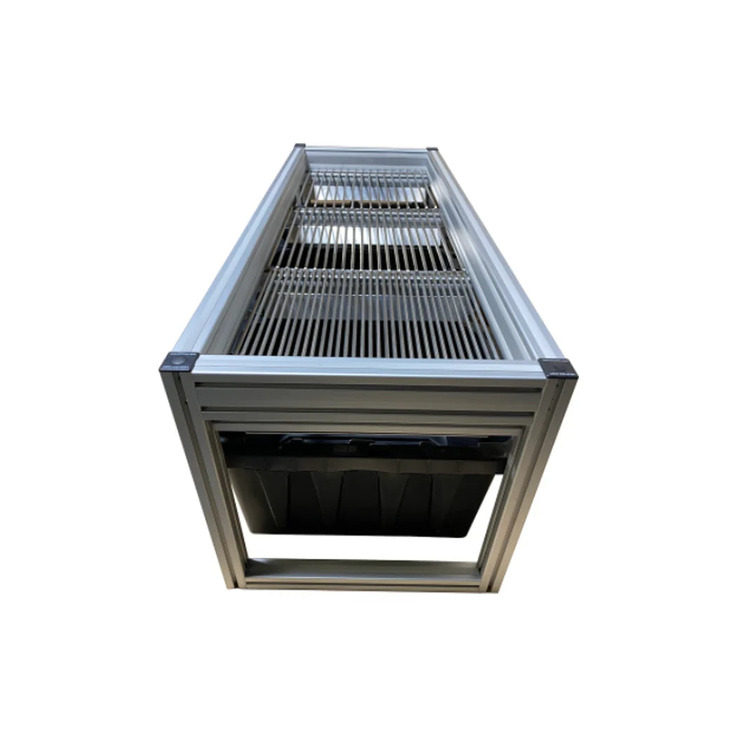 EZ Trim Bud Sorter Mini end view showing the aluminium frame and bin openings