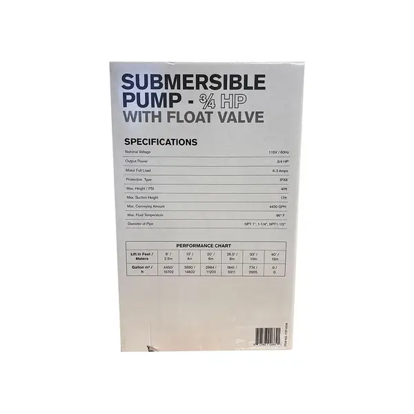 FloraFlex 3/4 HP PUMP W/FLOAT VALVE Back of Box