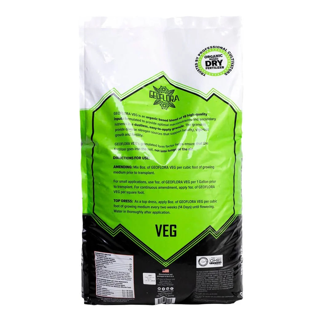 Geoflora Nutrients - VEG Dry Granular Fertilizer - OMRI Certified - bag back label