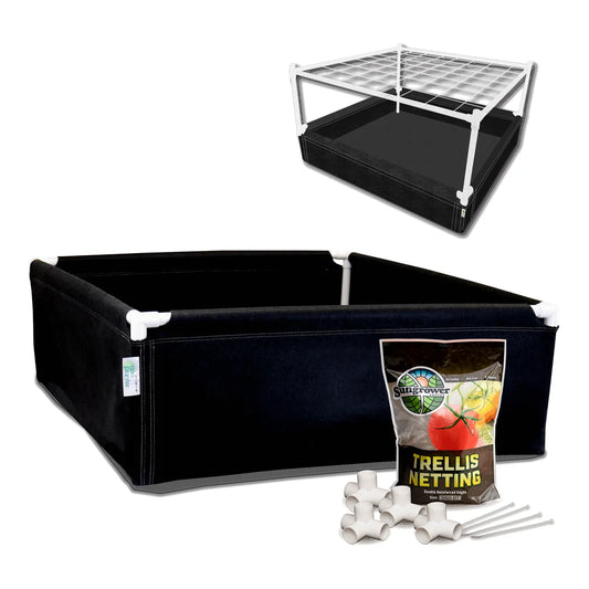 GeoPot GeoPlanter 4 ft by 4 ft shown with the optional trellis kit
