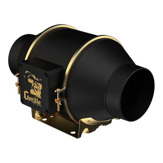 Gorilla GXi 4 inline duct fan, black and gold body with the controller built into the housing