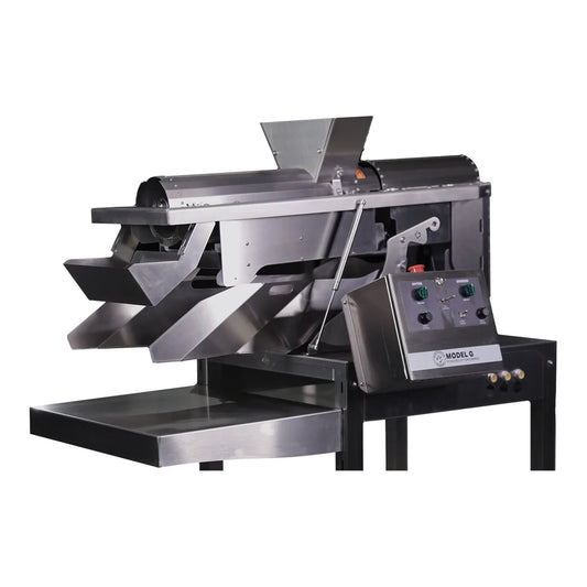 Greenbroz Model G - Grinder - angled view with hopper and shelf