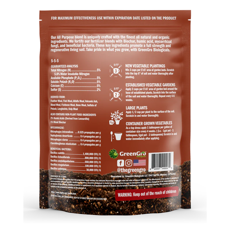 GreenGro All Purpose Fertilizer 10 Lb (4/CS) Back Label