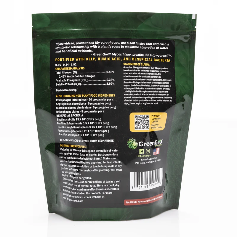 GreenGro Premium Ultrafine Mycorrhizae 8 OZ (6/Case) Back Label