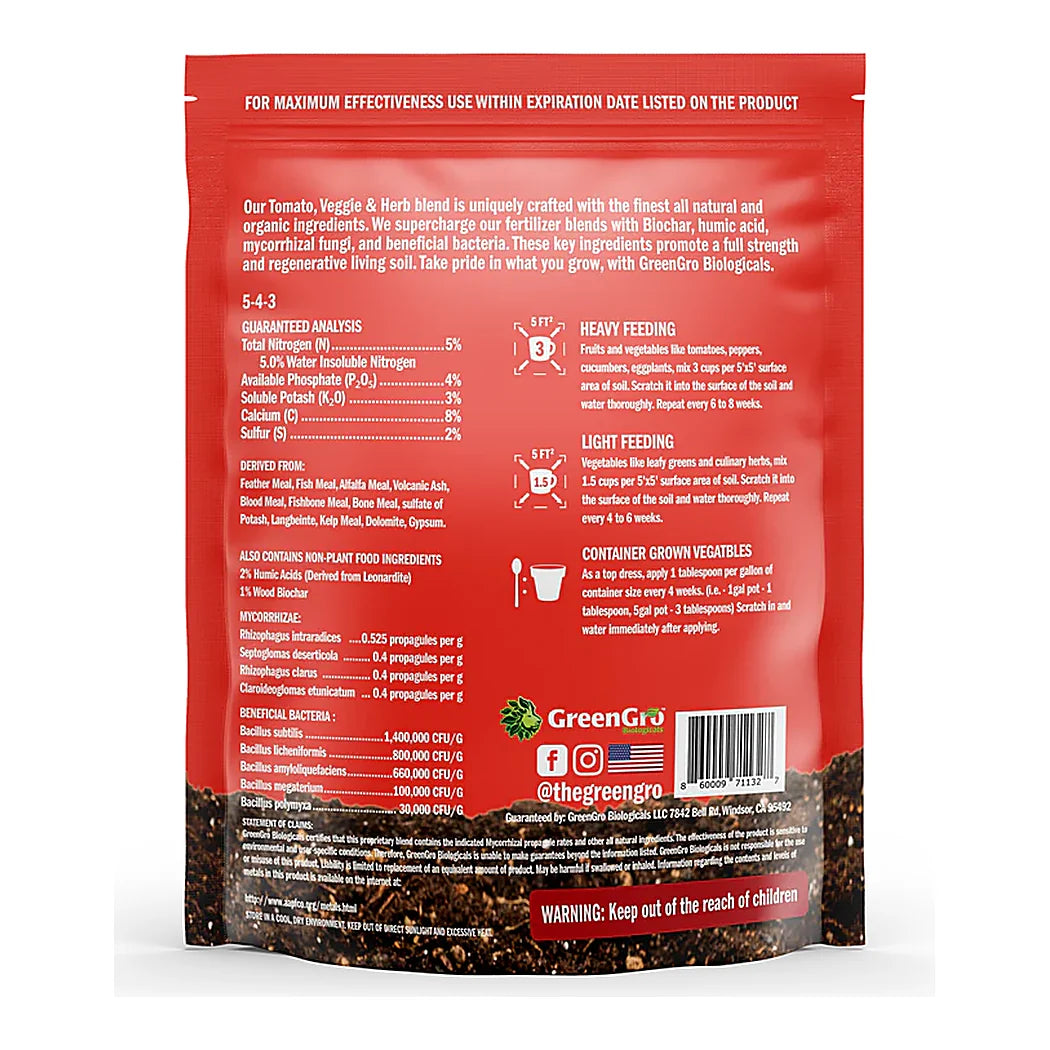 GreenGro Tomato, Veggie & Herb Fertilizer - pouch, reverse