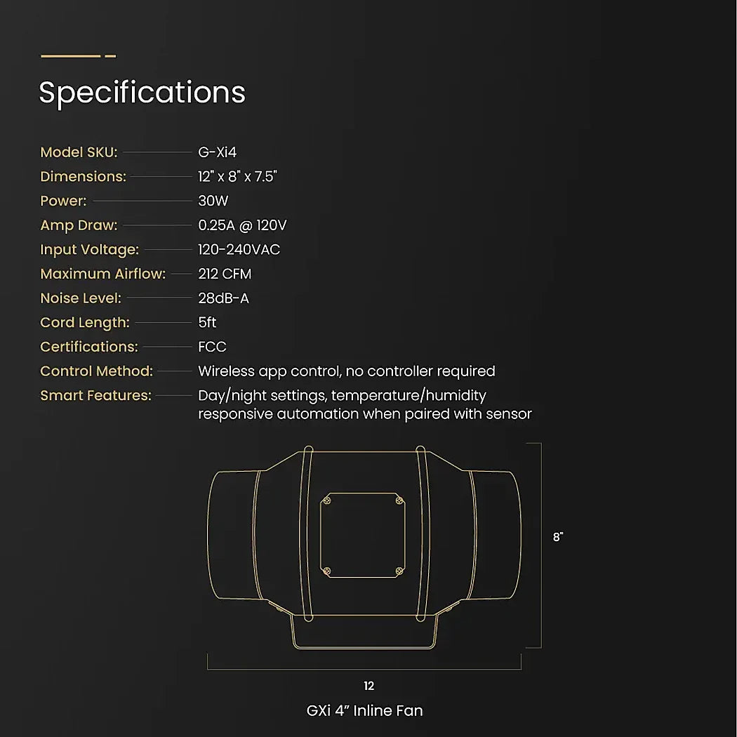 Gorilla GXi 4 specifications: 212 CFM, 30W, 28dB-A, 120-240VAC, 12 x 8 x 7.5 in