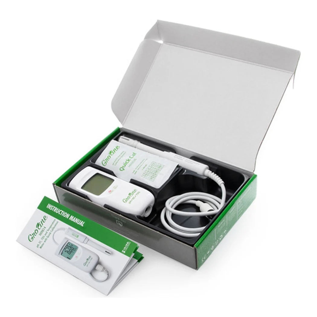 HI9814 GroLine meter kit in its box with probe, solutions and manual