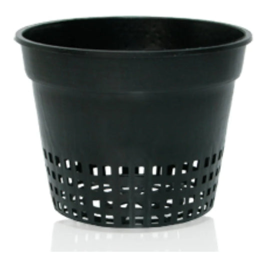 Hydrofarm 6 inch net pot, side view of the slotted basket