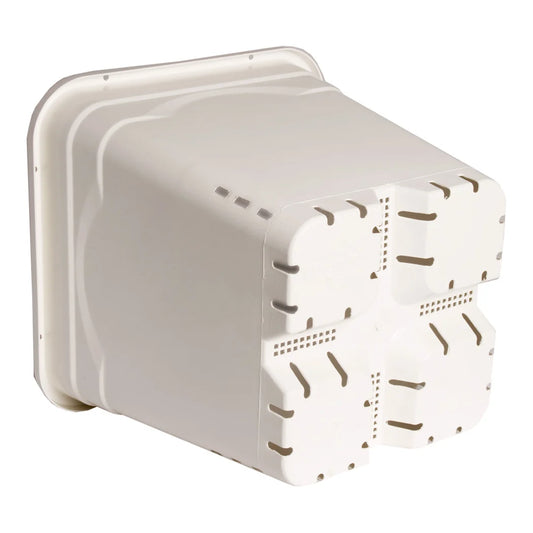 Square white pots nested to show stacking and the notched drainage base