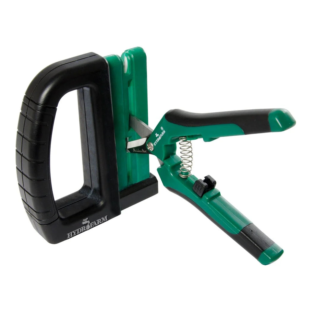 Hydrofarm Precision Pruner and Scissor Sharpener - sharpener in use with a pruner
