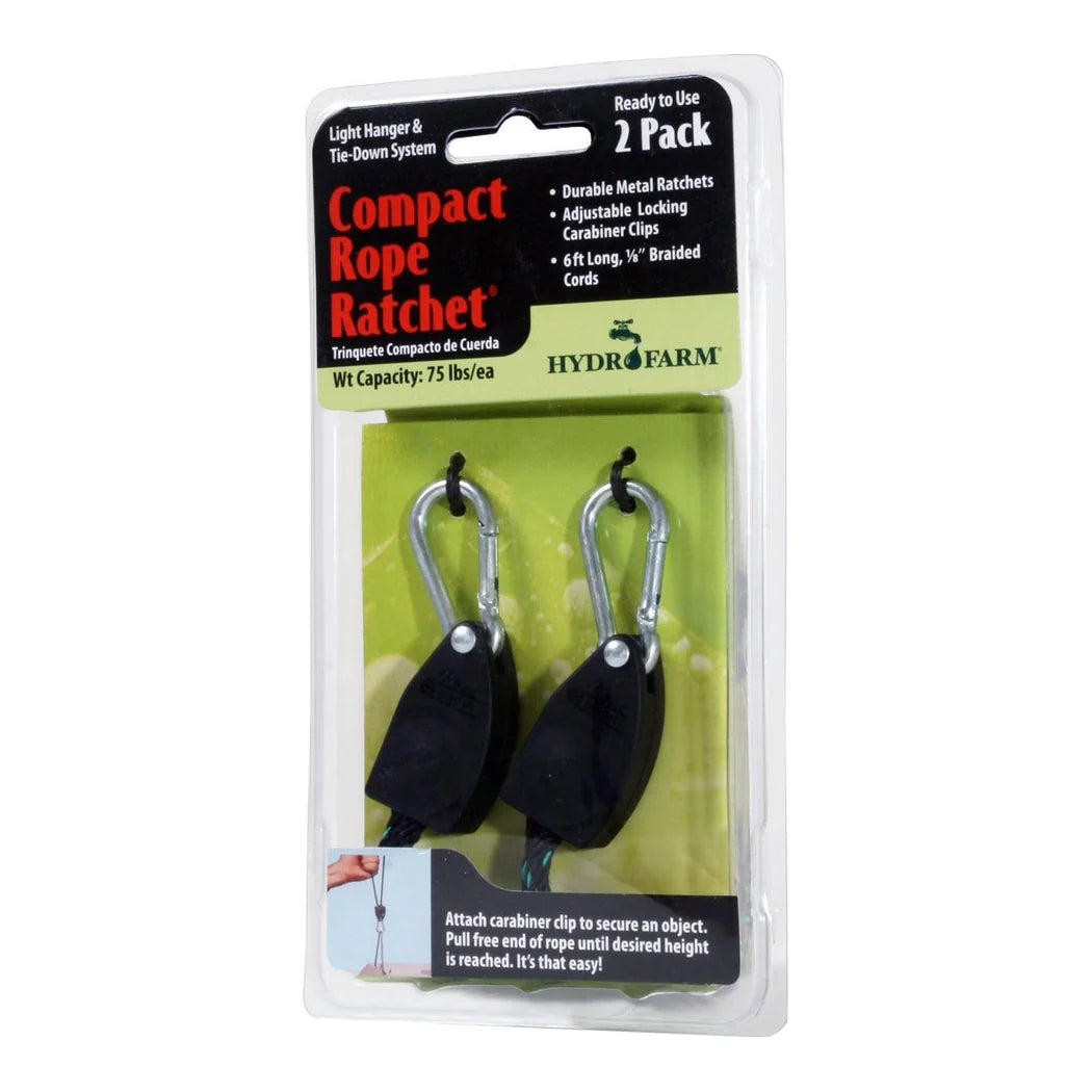 Hydrofarm compact rope ratchet 2-pack, 1/8 in braided cord, 75 lb lift capacity per ratchet