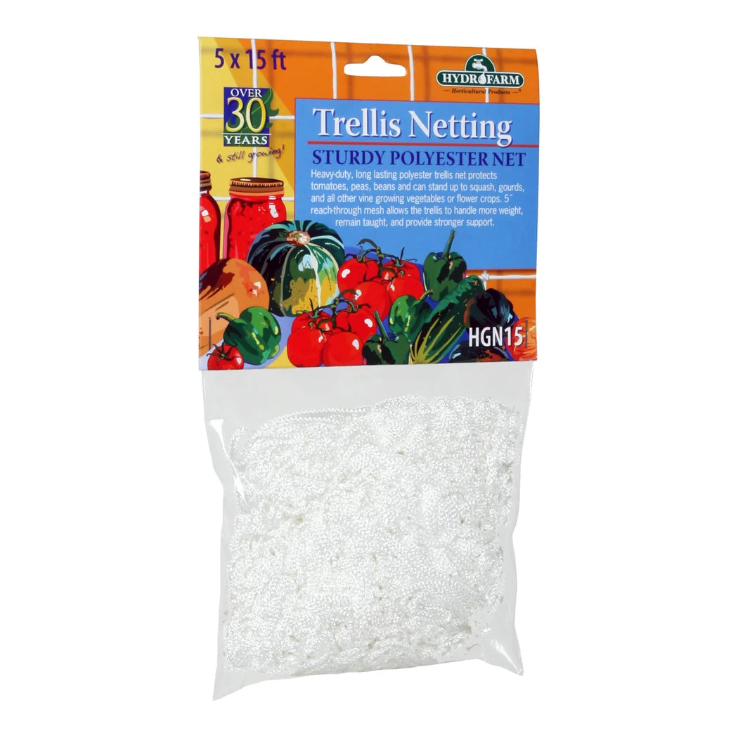 Hydrofarm 5 ft x 15 ft polyester trellis netting in its retail package, 6 in mesh