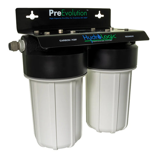 HydroLogic PreEvolution pre-filter - angled view showing wall-mount bracket