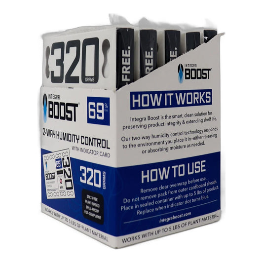 Integra Boost 320g 69% RH POP display holding individually overwrapped packs, with how it works and how to use panels
