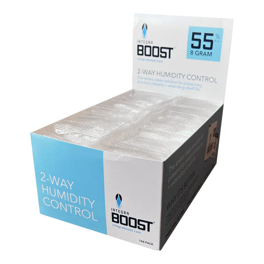 Integra Boost 8g 55% RH retail display box of 144 individually overwrapped 2-way humidity control packs