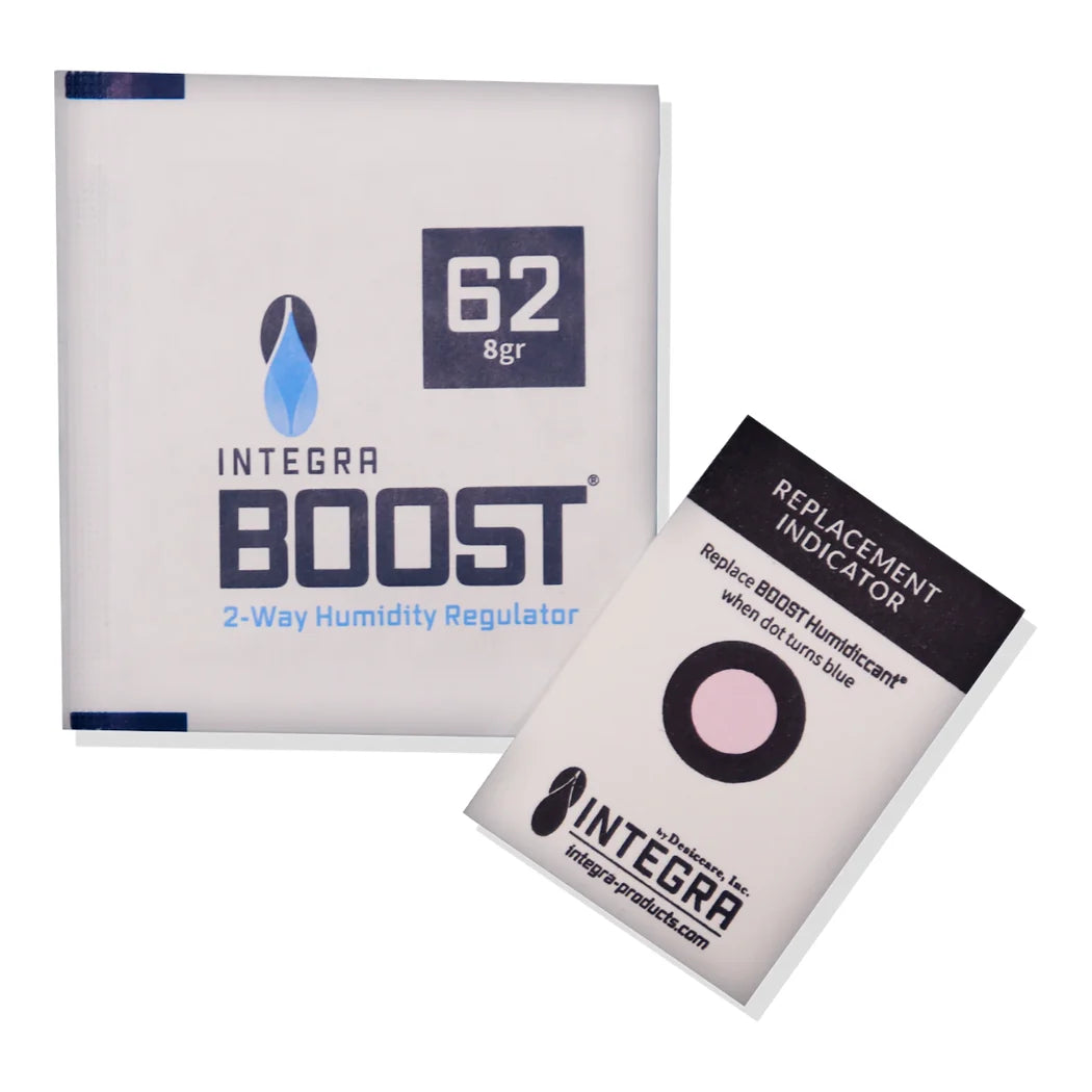 Integra Boost 8g 62% RH humidity control pack with replacement indicator card, bulk master case of 500