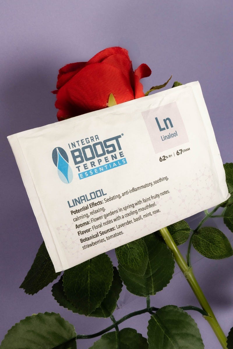 Integra Terpene Essentials 67g Linalool 62% Relative Humidity master case of 96 packs Main Rose View