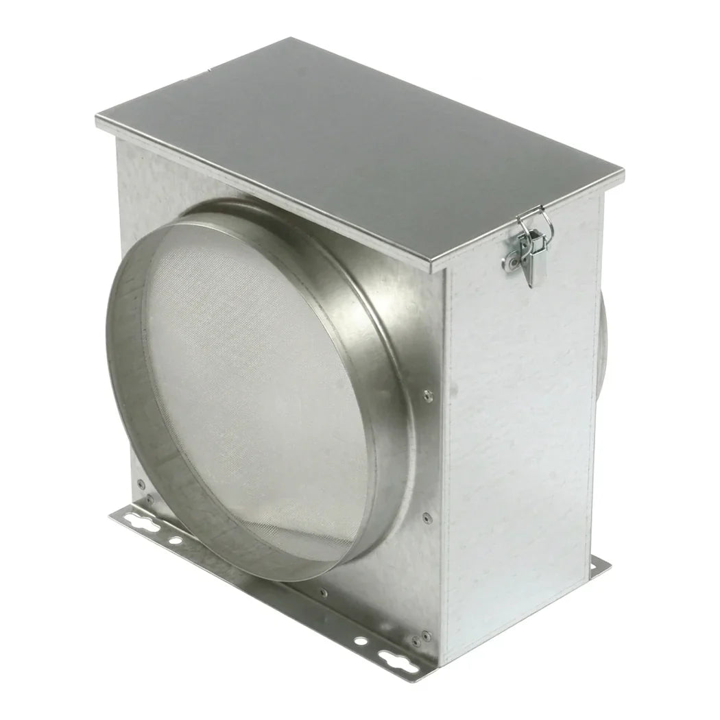 Ruck 8 inch intake filter box holding an ISO Coarse 45 percent MERV 5 mat in galvanized steel
