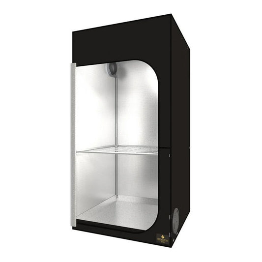 DS90 grow tent interior showing the shelf and ducting ports