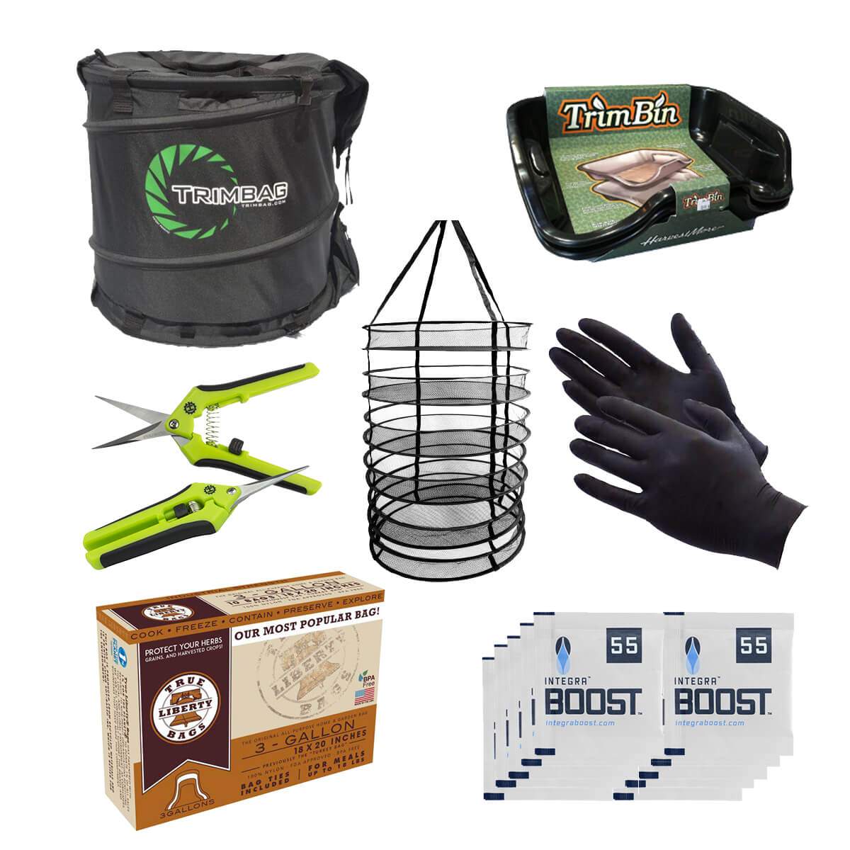 Hand Trimming Essentials Kit with scissors, bag trimmer, bin, drying rack, bags, & humidity packs