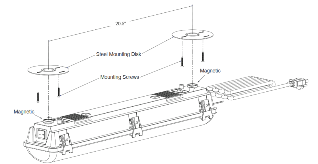 Growlite Soft Green LED Vaportight Work Light/Egress Light - 120V line cord w/plug Mounting Disk Installation