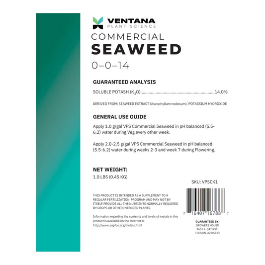 Ventana Commercial Seaweed 0-0-14 label, 14% soluble potash, 1 lb net weight