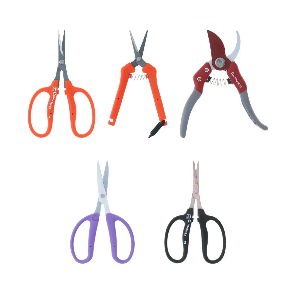 Chikamasa scissors: B-500SRF, TP-500SRF spring, PS-8PLUS-R pruner, CRI-360SFV florist and B-500SKF